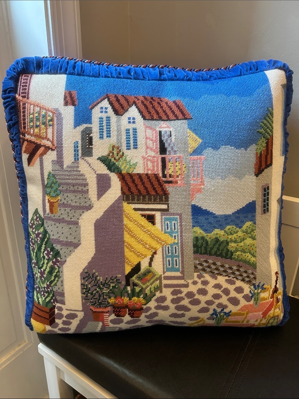Beautiful Needlepoint Scenic Countryside Pillow  Blue Velvet Back & Lux Cording